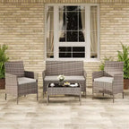 4-teiliges Terrassenmöbel-Set aus Korbgeflecht mit Couchtisch aus Glas, graues Rattan-Sitzgruppe mit waschbaren Kissen für Garten, Veranda und Terrasse