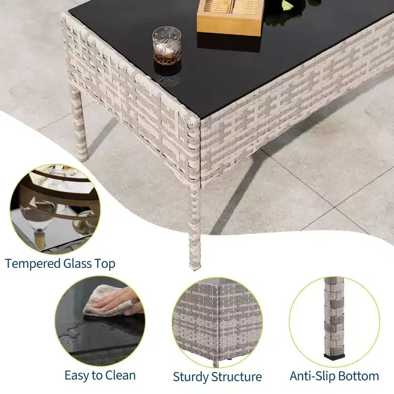 4-teiliges Terrassenmöbel-Set aus Korbgeflecht mit Couchtisch aus Glas, graues Rattan-Sitzgruppe mit waschbaren Kissen für Garten, Veranda und Terrasse