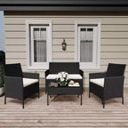 4-teiliges Terrassenmöbel-Set aus Korbgeflecht mit Couchtisch aus Glas, graues Rattan-Sitzgruppe mit waschbaren Kissen für Garten, Veranda und Terrasse