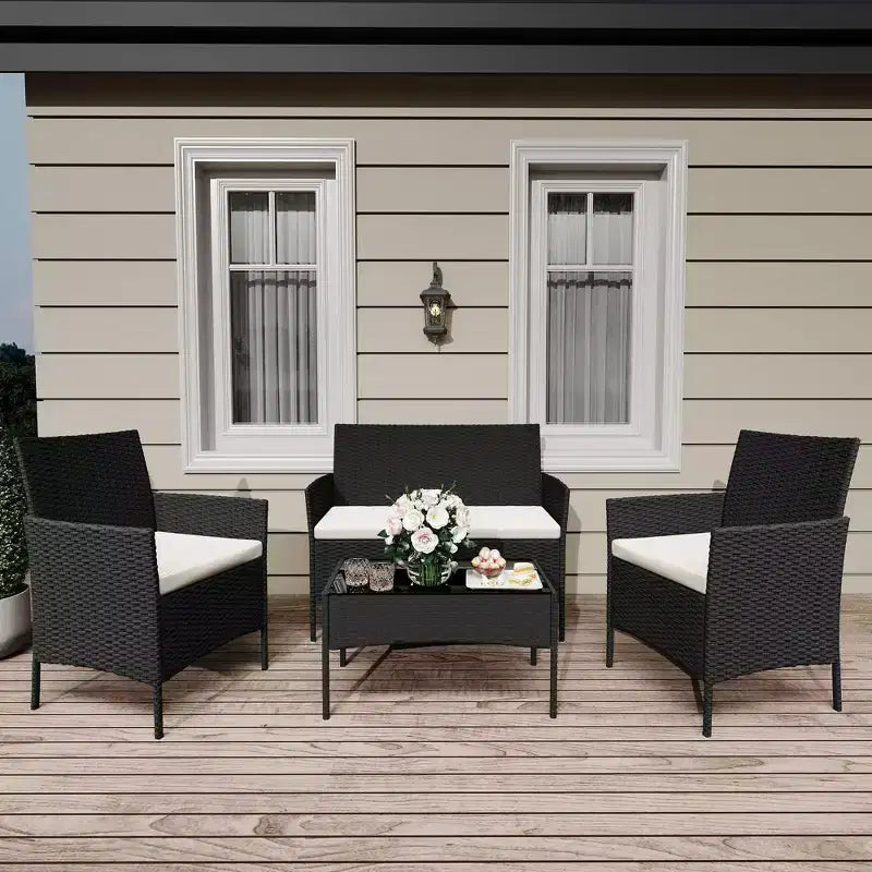4-teiliges Terrassenmöbel-Set aus Korbgeflecht mit Couchtisch aus Glas, graues Rattan-Sitzgruppe mit waschbaren Kissen für Garten, Veranda und Terrasse