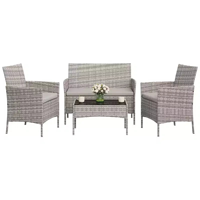4-teiliges Terrassenmöbel-Set aus Korbgeflecht mit Couchtisch aus Glas, graues Rattan-Sitzgruppe mit waschbaren Kissen für Garten, Veranda und Terrasse