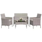 4-teiliges Terrassenmöbel-Set aus Korbgeflecht mit Couchtisch aus Glas, graues Rattan-Sitzgruppe mit waschbaren Kissen für Garten, Veranda und Terrasse