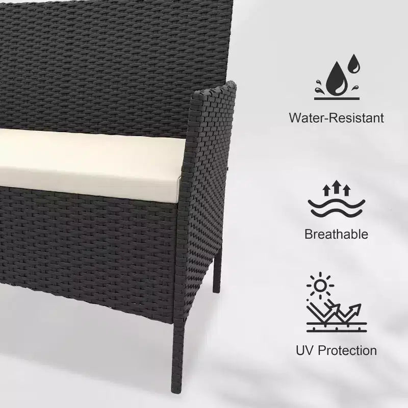 4-teiliges Terrassenmöbel-Set aus Korbgeflecht mit Couchtisch aus Glas, graues Rattan-Sitzgruppe mit waschbaren Kissen für Garten, Veranda und Terrasse