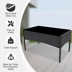 4-teiliges Terrassenmöbel-Set aus Korbgeflecht mit Couchtisch aus Glas, graues Rattan-Sitzgruppe mit waschbaren Kissen für Garten, Veranda und Terrasse