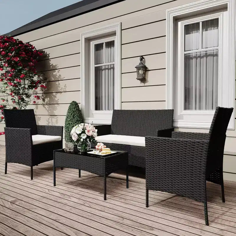 4-teiliges Terrassenmöbel-Set aus Korbgeflecht mit Couchtisch aus Glas, graues Rattan-Sitzgruppe mit waschbaren Kissen für Garten, Veranda und Terrasse