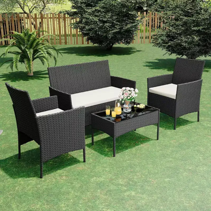 4-Piece Patio Wicker Furniture Set with Glass Coffee Table, Gray Rattan Conversation Set with Washable Cushions for Backyard, Porch & Garden