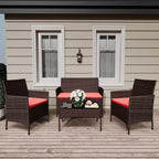 4-teiliges Terrassenmöbel-Set aus Korbgeflecht mit Couchtisch aus Glas, graues Rattan-Sitzgruppe mit waschbaren Kissen für Garten, Veranda und Terrasse
