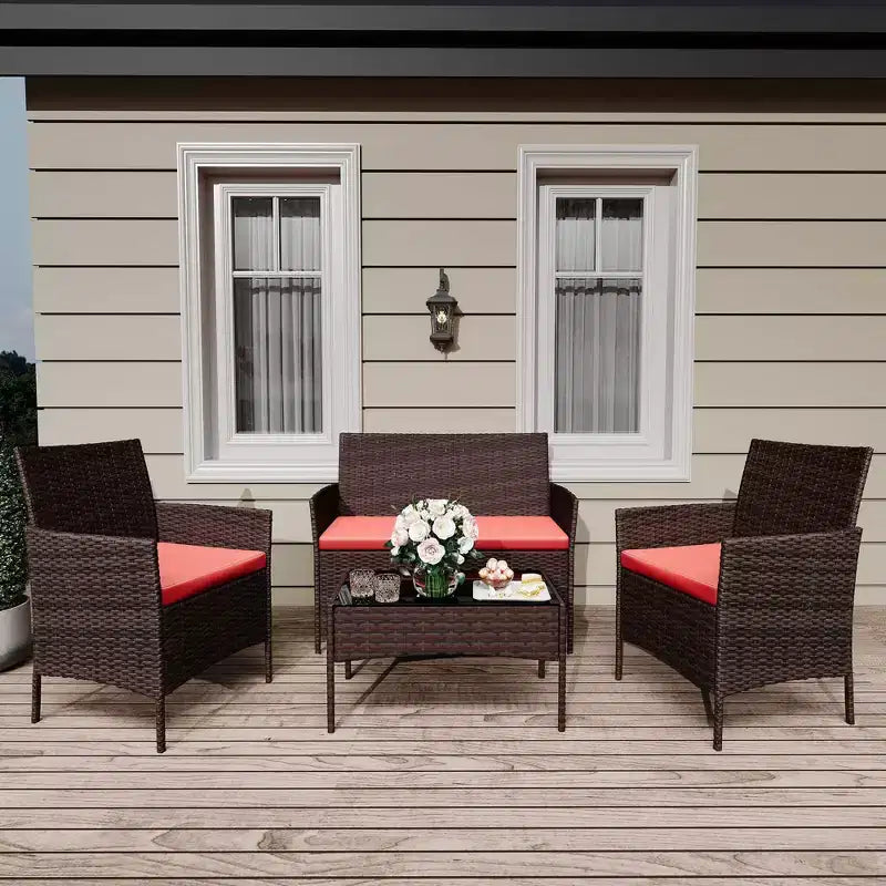 4-teiliges Terrassenmöbel-Set aus Korbgeflecht mit Couchtisch aus Glas, graues Rattan-Sitzgruppe mit waschbaren Kissen für Garten, Veranda und Terrasse