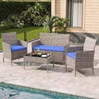 4-teiliges Terrassenmöbel-Set aus Korbgeflecht mit Couchtisch aus Glas, graues Rattan-Sitzgruppe mit waschbaren Kissen für Garten, Veranda und Terrasse