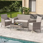 4-teiliges Terrassenmöbel-Set aus Korbgeflecht mit Couchtisch aus Glas, graues Rattan-Sitzgruppe mit waschbaren Kissen für Garten, Veranda und Terrasse