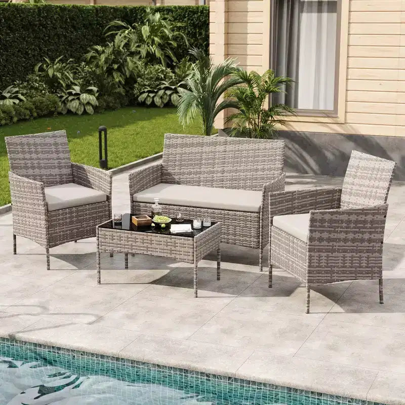 4-teiliges Terrassenmöbel-Set aus Korbgeflecht mit Couchtisch aus Glas, graues Rattan-Sitzgruppe mit waschbaren Kissen für Garten, Veranda und Terrasse