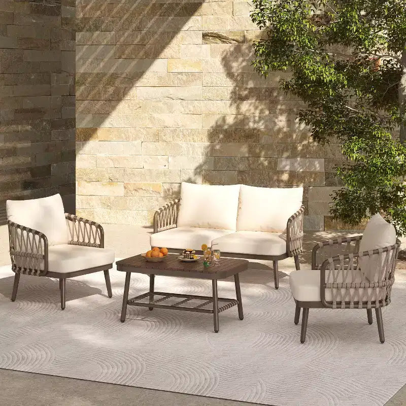 Christopher Knight Home Piotr 4-teiliges Outdoor-Sitzset aus Akazienholz und Metall mit Seilgeflecht