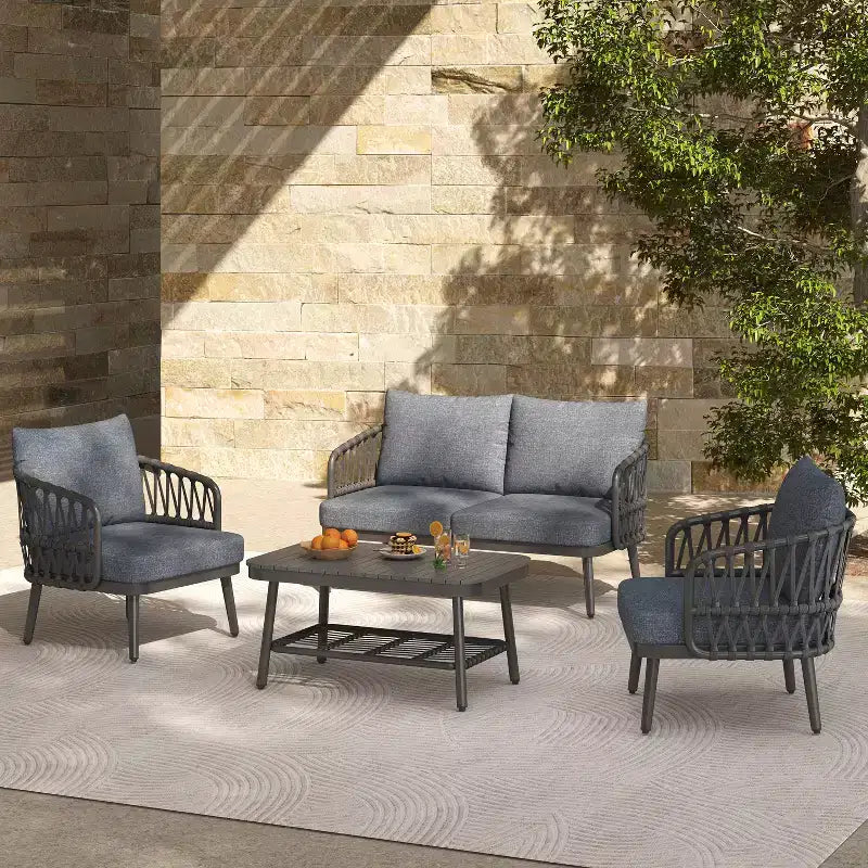 Christopher Knight Home Piotr 4-teiliges Outdoor-Sitzset aus Akazienholz und Metall mit Seilgeflecht