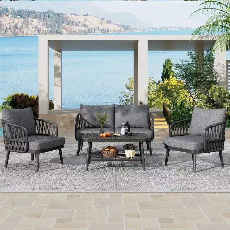 Christopher Knight Home Piotr 4 Piece Outdoor Acacia Wood and Metal Seating Set with Rope Woven