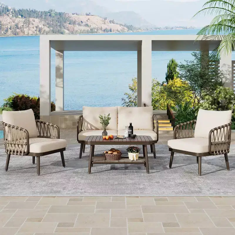 Christopher Knight Home Piotr 4-teiliges Outdoor-Sitzset aus Akazienholz und Metall mit Seilgeflecht