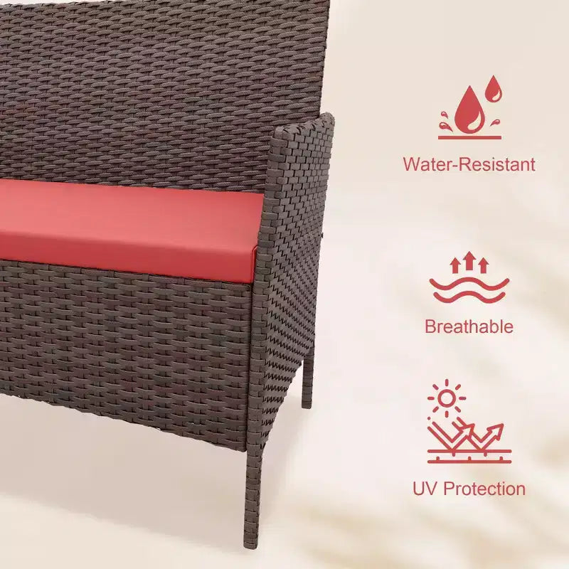 4-teiliges Terrassenmöbel-Set für den Außenbereich, Rattan-Sitzgruppe, Bistro-Gartenmöbel-Set mit 2 Stühlen, weichen Kissen, Zweisitzer-Sofa und 1 Couchtisch aus Glas