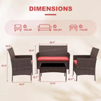 4-teiliges Terrassenmöbel-Set für den Außenbereich, Rattan-Sitzgruppe, Bistro-Gartenmöbel-Set mit 2 Stühlen, weichen Kissen, Zweisitzer-Sofa und 1 Couchtisch aus Glas