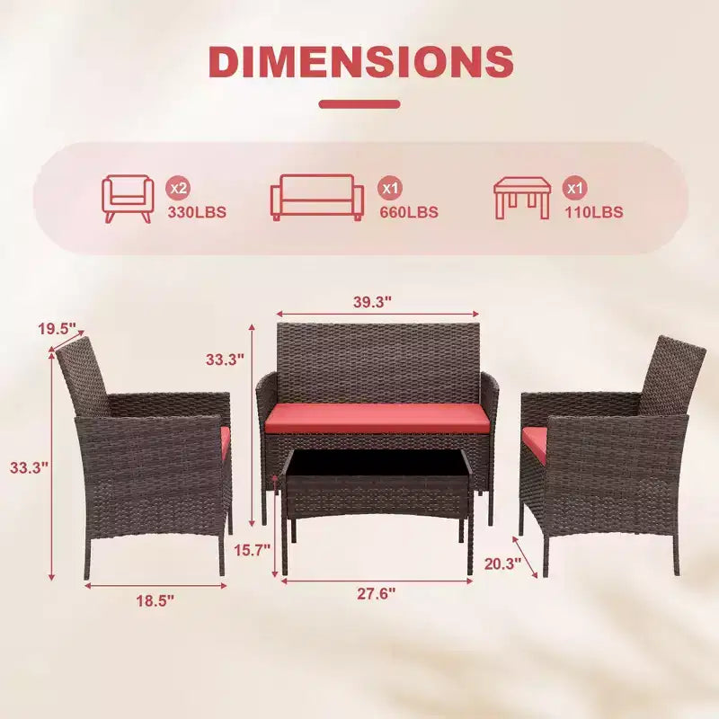 4-teiliges Terrassenmöbel-Set für den Außenbereich, Rattan-Sitzgruppe, Bistro-Gartenmöbel-Set mit 2 Stühlen, weichen Kissen, Zweisitzer-Sofa und 1 Couchtisch aus Glas