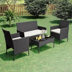 4-teiliges Terrassenmöbel-Set für den Außenbereich, Rattan-Sitzgruppe, Bistro-Gartenmöbel-Set mit 2 Stühlen, weichen Kissen, Zweisitzer-Sofa und 1 Couchtisch aus Glas