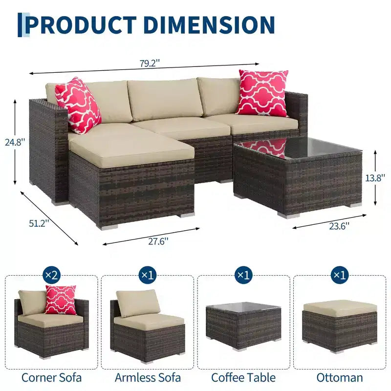 4-teiliges Terrassenmöbel-Set für den Außenbereich, Rattan-Sitzgruppe, Bistro-Gartenmöbel-Set mit 2 Stühlen, weichen Kissen, Zweisitzer-Sofa und 1 Couchtisch aus Glas