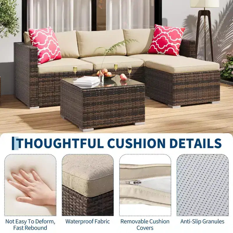 4-teiliges Terrassenmöbel-Set für den Außenbereich, Rattan-Sitzgruppe, Bistro-Gartenmöbel-Set mit 2 Stühlen, weichen Kissen, Zweisitzer-Sofa und 1 Couchtisch aus Glas