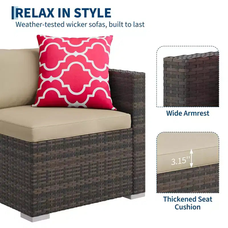 4-teiliges Terrassenmöbel-Set für den Außenbereich, Rattan-Sitzgruppe, Bistro-Gartenmöbel-Set mit 2 Stühlen, weichen Kissen, Zweisitzer-Sofa und 1 Couchtisch aus Glas