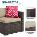 4-teiliges Terrassenmöbel-Set für den Außenbereich, Rattan-Sitzgruppe, Bistro-Gartenmöbel-Set mit 2 Stühlen, weichen Kissen, Zweisitzer-Sofa und 1 Couchtisch aus Glas