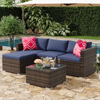 4-teiliges Terrassenmöbel-Set für den Außenbereich, Rattan-Sitzgruppe, Bistro-Gartenmöbel-Set mit 2 Stühlen, weichen Kissen, Zweisitzer-Sofa und 1 Couchtisch aus Glas