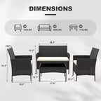4-teiliges Terrassenmöbel-Set für den Außenbereich, Rattan-Sitzgruppe, Bistro-Gartenmöbel-Set mit 2 Stühlen, weichen Kissen, Zweisitzer-Sofa und 1 Couchtisch aus Glas