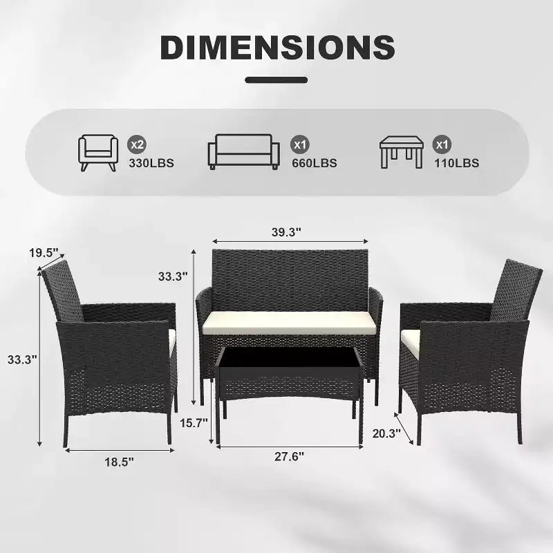 4-teiliges Terrassenmöbel-Set für den Außenbereich, Rattan-Sitzgruppe, Bistro-Gartenmöbel-Set mit 2 Stühlen, weichen Kissen, Zweisitzer-Sofa und 1 Couchtisch aus Glas