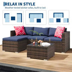 4-teiliges Terrassenmöbel-Set für den Außenbereich, Rattan-Sitzgruppe, Bistro-Gartenmöbel-Set mit 2 Stühlen, weichen Kissen, Zweisitzer-Sofa und 1 Couchtisch aus Glas