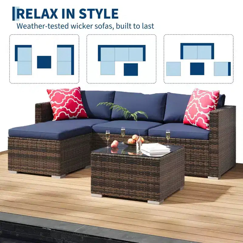 4-teiliges Terrassenmöbel-Set für den Außenbereich, Rattan-Sitzgruppe, Bistro-Gartenmöbel-Set mit 2 Stühlen, weichen Kissen, Zweisitzer-Sofa und 1 Couchtisch aus Glas