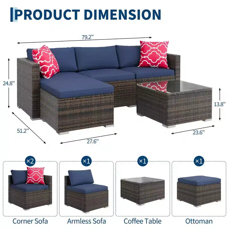 4-teiliges Terrassenmöbel-Set für den Außenbereich, Rattan-Sitzgruppe, Bistro-Gartenmöbel-Set mit 2 Stühlen, weichen Kissen, Zweisitzer-Sofa und 1 Couchtisch aus Glas