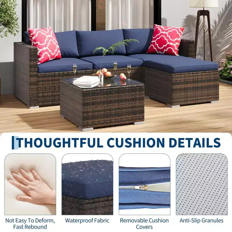 4-teiliges Terrassenmöbel-Set für den Außenbereich, Rattan-Sitzgruppe, Bistro-Gartenmöbel-Set mit 2 Stühlen, weichen Kissen, Zweisitzer-Sofa und 1 Couchtisch aus Glas