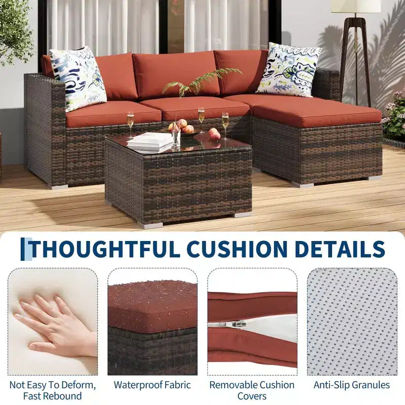 4-teiliges Terrassenmöbel-Set für den Außenbereich, Rattan-Sitzgruppe, Bistro-Gartenmöbel-Set mit 2 Stühlen, weichen Kissen, Zweisitzer-Sofa und 1 Couchtisch aus Glas