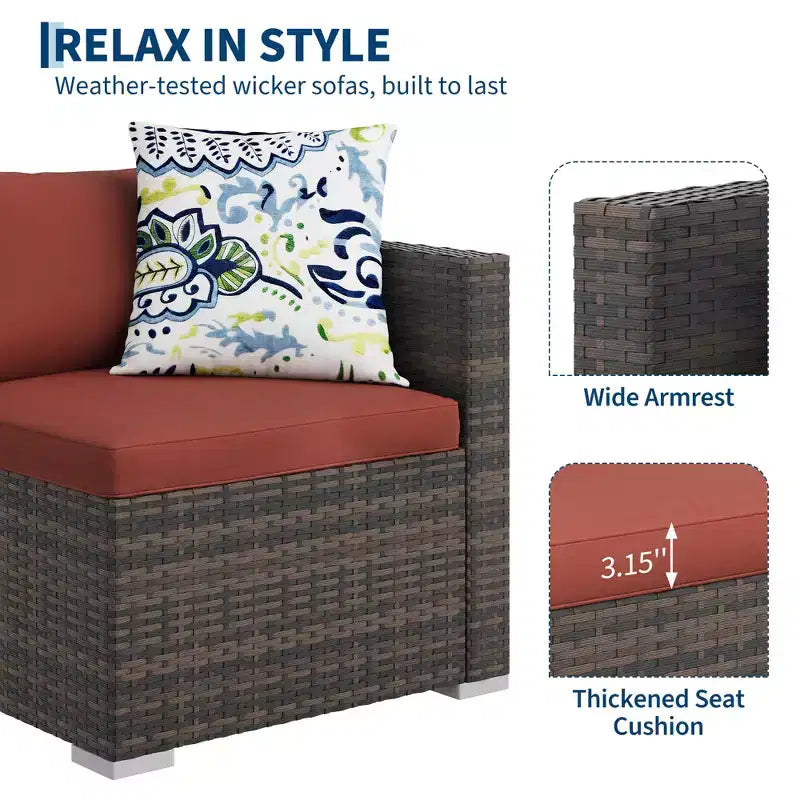4-teiliges Terrassenmöbel-Set für den Außenbereich, Rattan-Sitzgruppe, Bistro-Gartenmöbel-Set mit 2 Stühlen, weichen Kissen, Zweisitzer-Sofa und 1 Couchtisch aus Glas