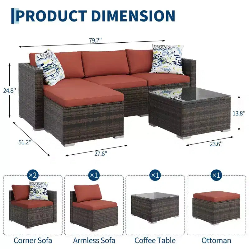 4-teiliges Terrassenmöbel-Set für den Außenbereich, Rattan-Sitzgruppe, Bistro-Gartenmöbel-Set mit 2 Stühlen, weichen Kissen, Zweisitzer-Sofa und 1 Couchtisch aus Glas