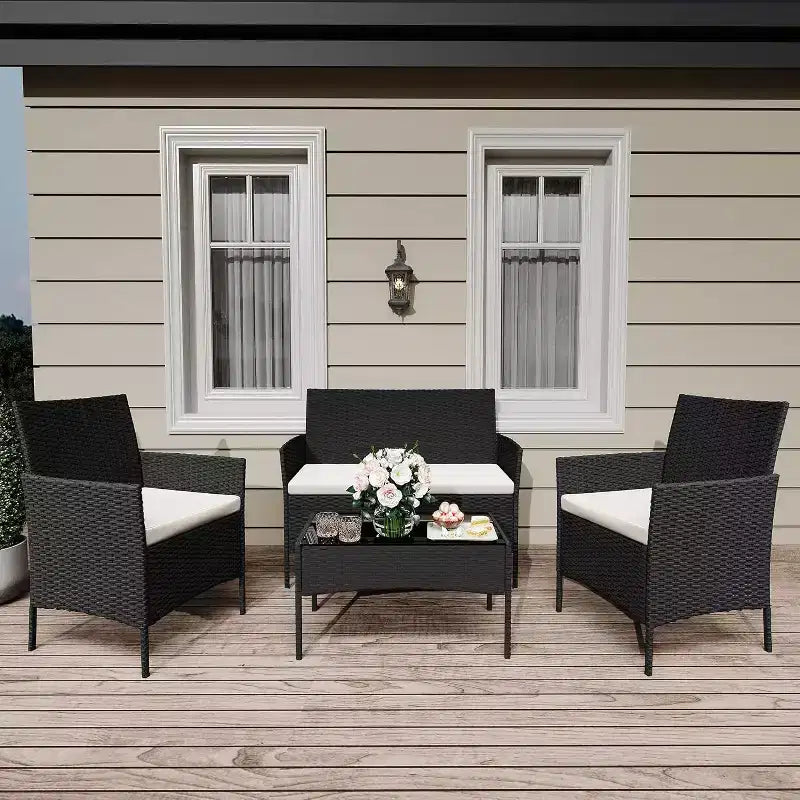 4 Piece Outdoor Patio Furniture Sets,Wicker Rattan Conversation Sets, Bistro Patio Set with 2 Chairs,Soft Cushion,Loveseat and 1 Glass Coffee Table