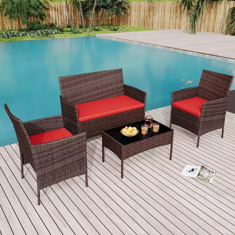 4-teiliges Terrassenmöbel-Set für den Außenbereich, Rattan-Sitzgruppe, Bistro-Gartenmöbel-Set mit 2 Stühlen, weichen Kissen, Zweisitzer-Sofa und 1 Couchtisch aus Glas