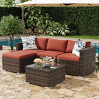4-teiliges Terrassenmöbel-Set für den Außenbereich, Rattan-Sitzgruppe, Bistro-Gartenmöbel-Set mit 2 Stühlen, weichen Kissen, Zweisitzer-Sofa und 1 Couchtisch aus Glas