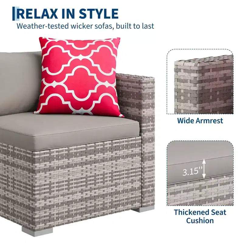 4-teiliges Terrassenmöbel-Set für den Außenbereich, Rattan-Sitzgruppe, Bistro-Gartenmöbel-Set mit 2 Stühlen, weichen Kissen, Zweisitzer-Sofa und 1 Couchtisch aus Glas