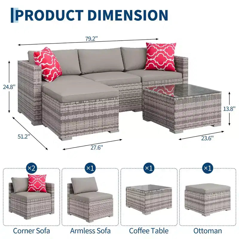 4-teiliges Terrassenmöbel-Set für den Außenbereich, Rattan-Sitzgruppe, Bistro-Gartenmöbel-Set mit 2 Stühlen, weichen Kissen, Zweisitzer-Sofa und 1 Couchtisch aus Glas