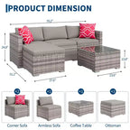 4-teiliges Terrassenmöbel-Set für den Außenbereich, Rattan-Sitzgruppe, Bistro-Gartenmöbel-Set mit 2 Stühlen, weichen Kissen, Zweisitzer-Sofa und 1 Couchtisch aus Glas