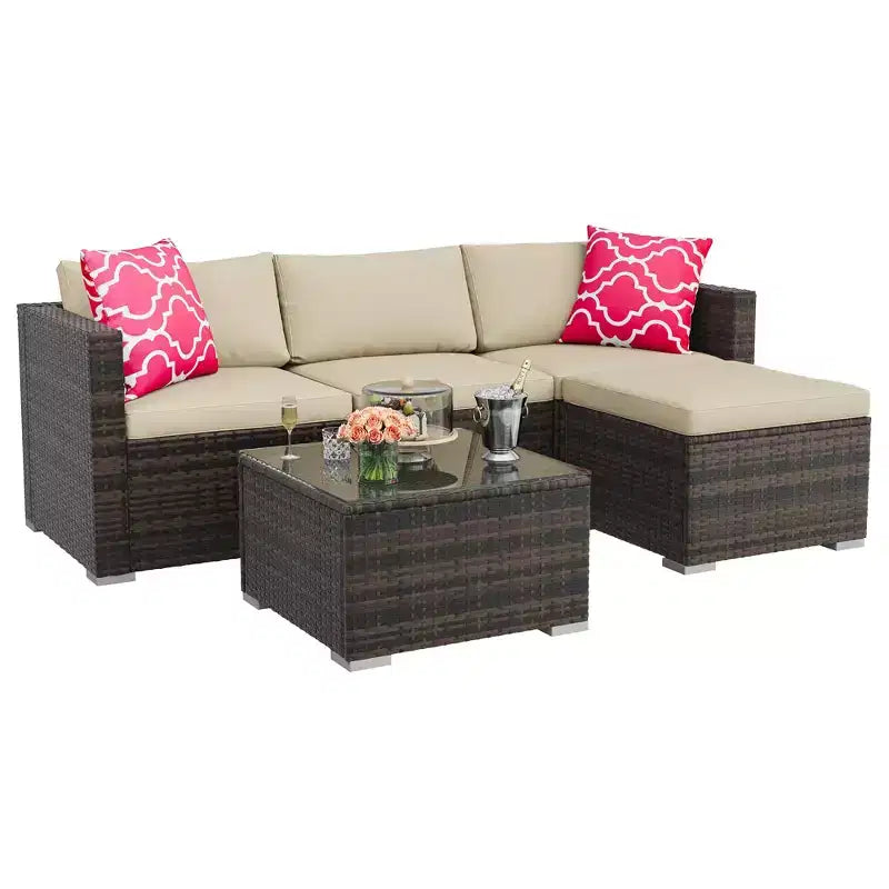 4-teiliges Terrassenmöbel-Set für den Außenbereich, Rattan-Sitzgruppe, Bistro-Gartenmöbel-Set mit 2 Stühlen, weichen Kissen, Zweisitzer-Sofa und 1 Couchtisch aus Glas