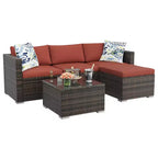 4-teiliges Terrassenmöbel-Set für den Außenbereich, Rattan-Sitzgruppe, Bistro-Gartenmöbel-Set mit 2 Stühlen, weichen Kissen, Zweisitzer-Sofa und 1 Couchtisch aus Glas