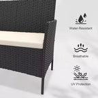 4-teiliges Terrassenmöbel-Set für den Außenbereich, Rattan-Sitzgruppe, Bistro-Gartenmöbel-Set mit 2 Stühlen, weichen Kissen, Zweisitzer-Sofa und 1 Couchtisch aus Glas