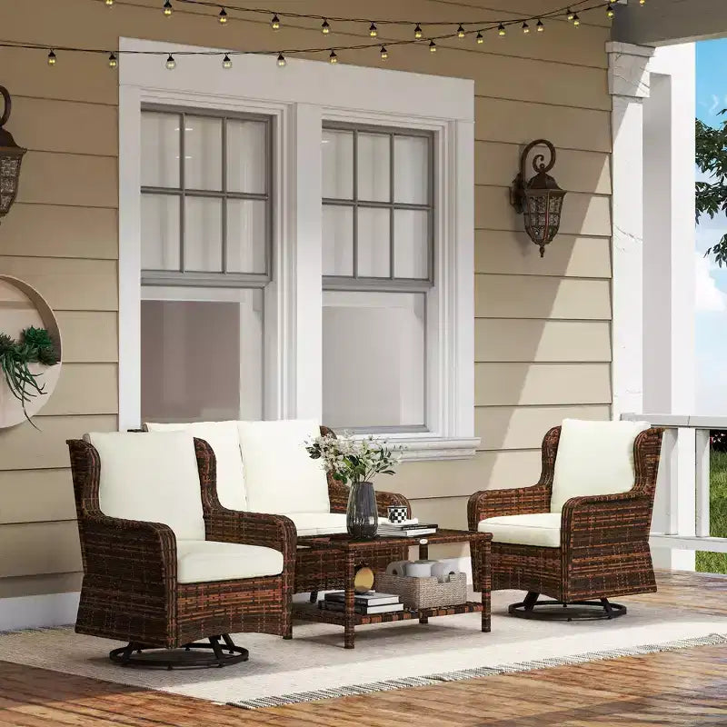 4-teiliges Rattan-Loungemöbel-Set, Konversations-Set mit drehbaren Gleitsesseln, Tisch und Zweiersofa für Garten, Terrasse