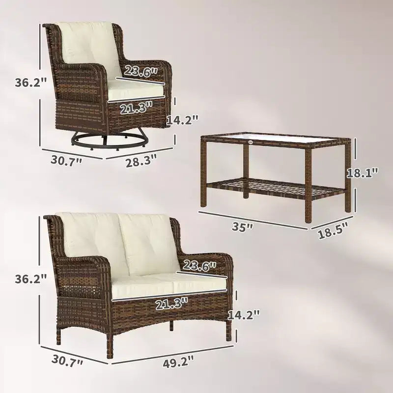 4-teiliges Rattan-Loungemöbel-Set, Konversations-Set mit drehbaren Gleitsesseln, Tisch und Zweiersofa für Garten, Terrasse