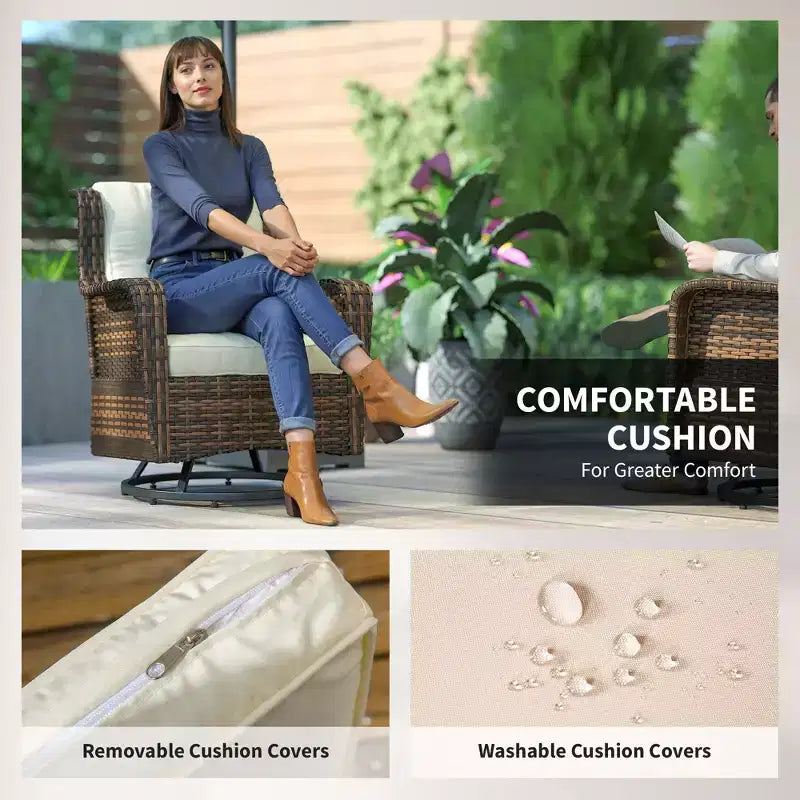 4-teiliges Rattan-Loungemöbel-Set, Konversations-Set mit drehbaren Gleitsesseln, Tisch und Zweiersofa für Garten, Terrasse