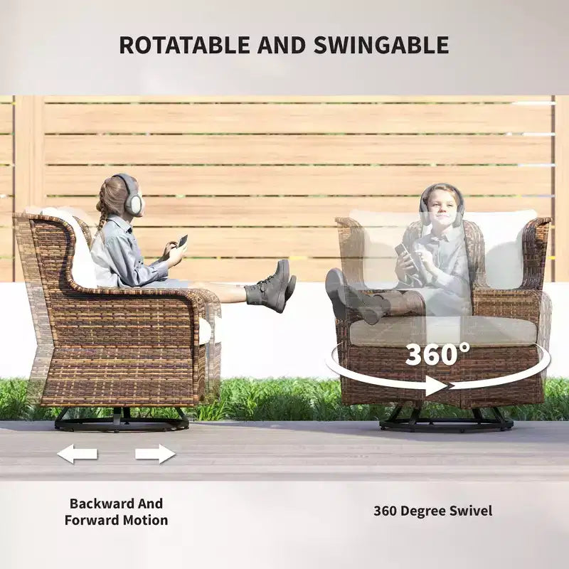 4-teiliges Rattan-Loungemöbel-Set, Konversations-Set mit drehbaren Gleitsesseln, Tisch und Zweiersofa für Garten, Terrasse